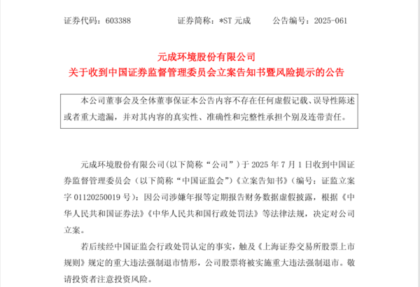 603388,涉嫌财务数据作秀被证监会立案